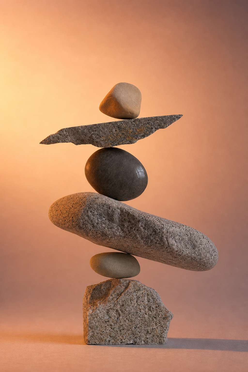 Stack of balanced stones against a warm peach background