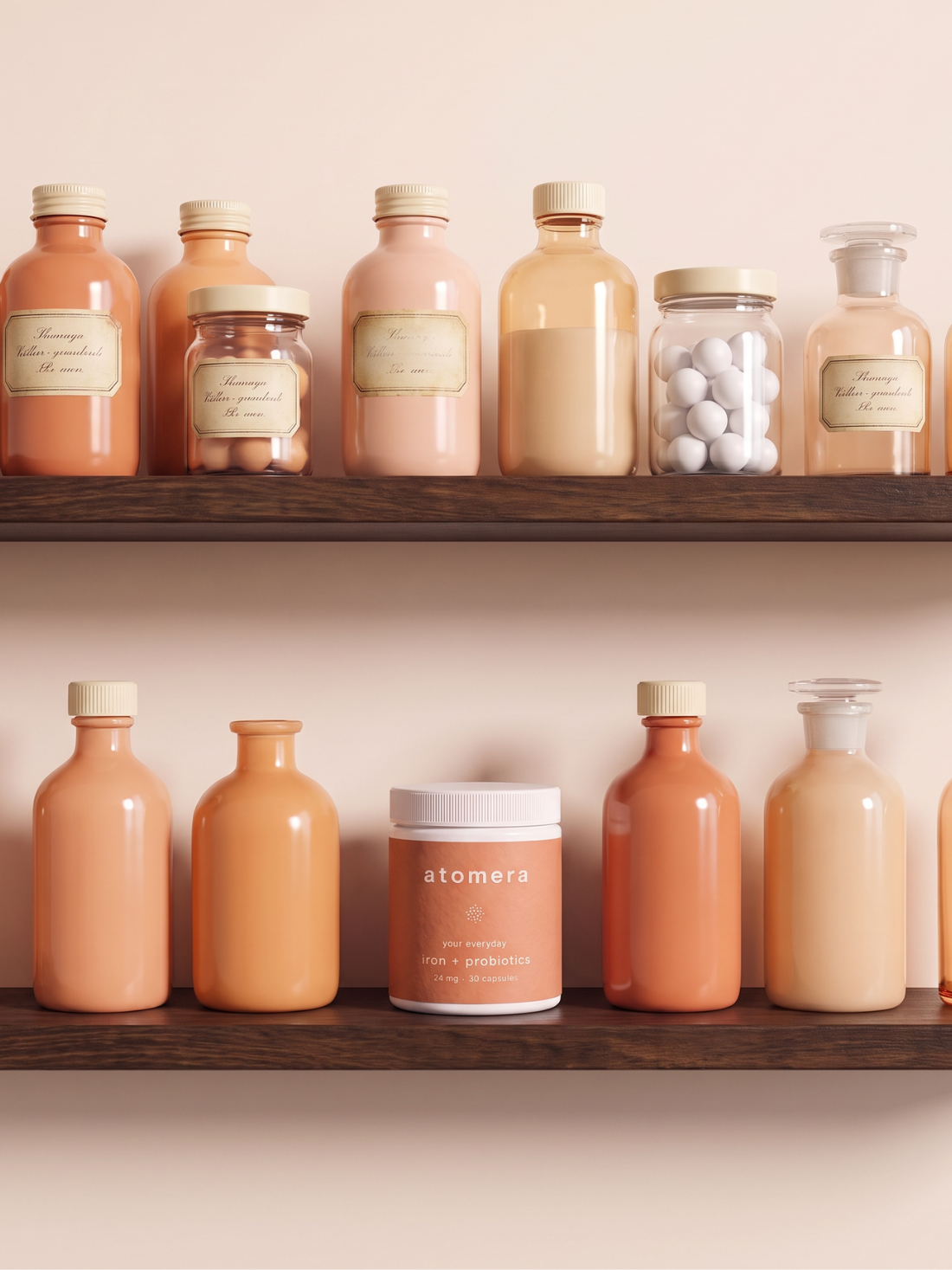 Jar of atomera daily on a pantry shelf among peach and cream glass bottles