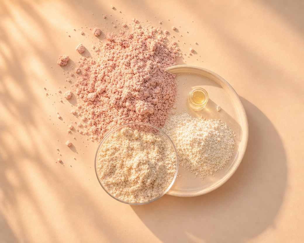 Flat lay of ingredient powders in glass dishes on a peach surface