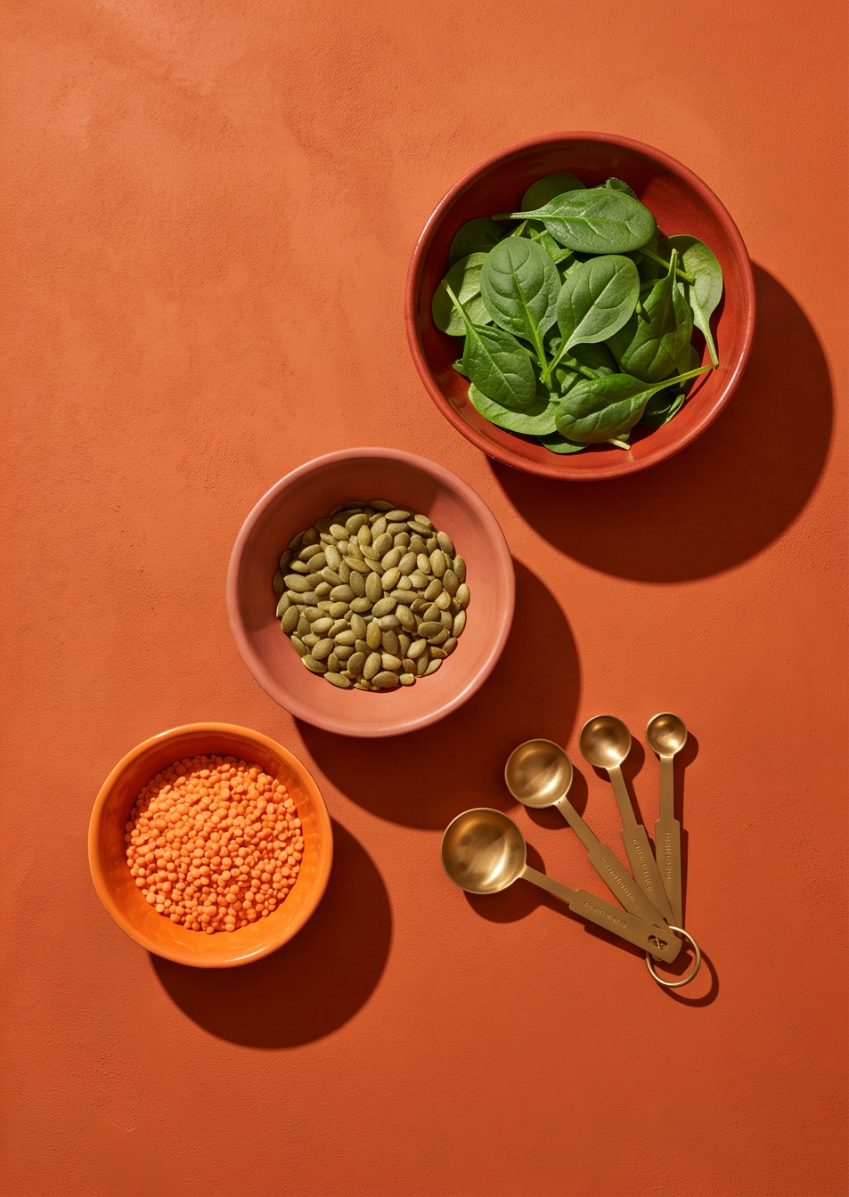 Bowls of spinach, pumpkin seeds and red lentils with brass measuring spoons on a terracotta background